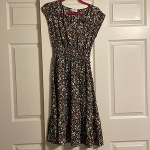 Green, orange, cream floral midi dress